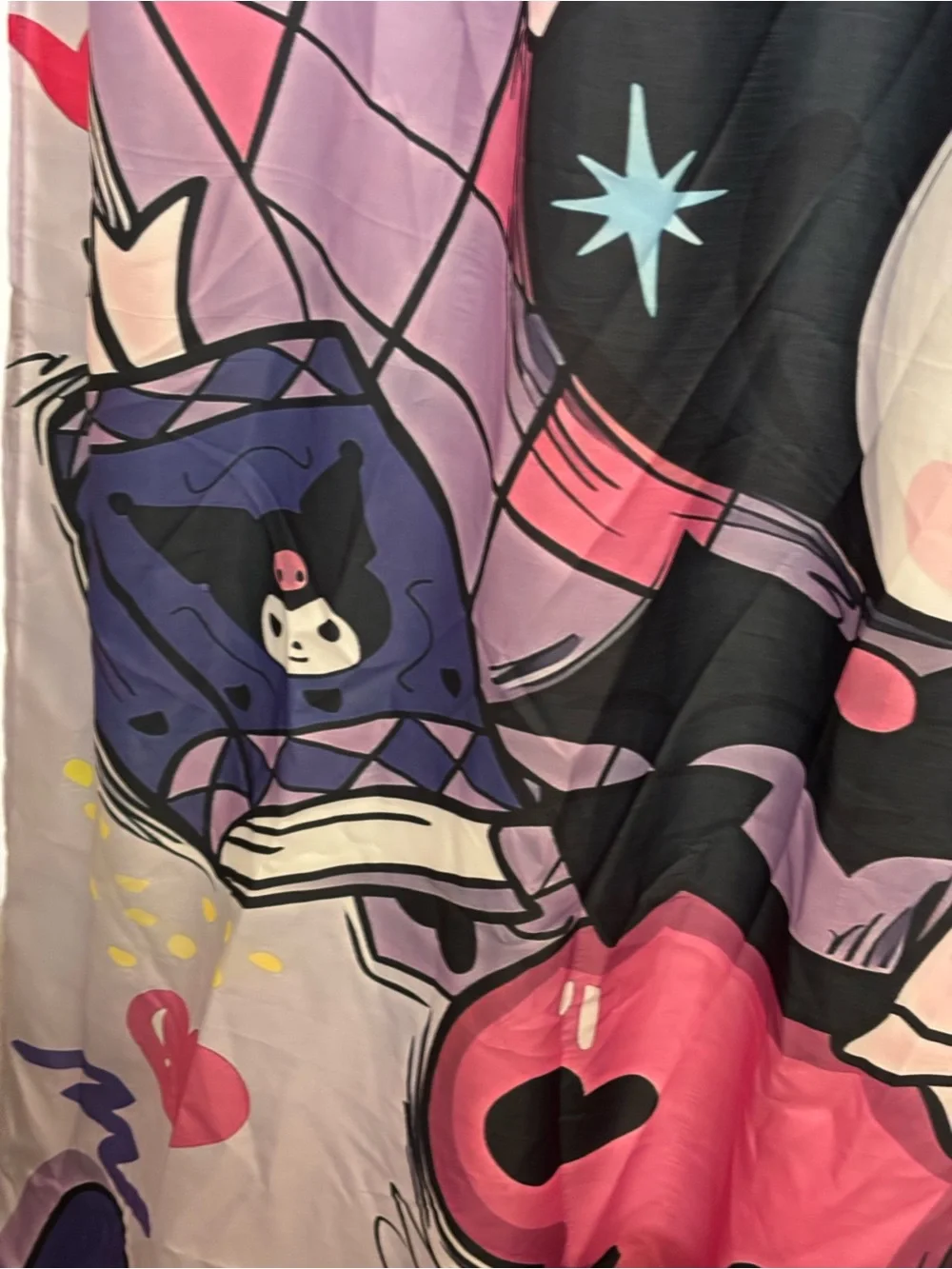 Sanrio Kuromi Shower Curtain Pink Bow Hearts Black Jester Hat Hearts Bathroom